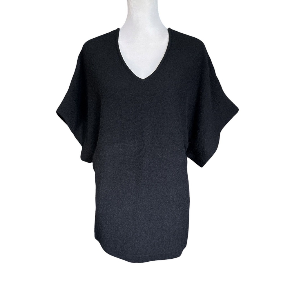 525 America Black 100% Cashmere V-Neck Short Kimono Sleeve Sweater,Large, Luxury